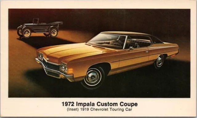 1972 CHEVROLET IMPALA CUSTOM COUPE Car Adv. Postcard w/ 1919 Chevy Touring Car