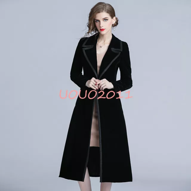 Elegant Lady Womens Velvet Trench Coat Slim Fit Long Lapel Dress Outwear Jackets 2