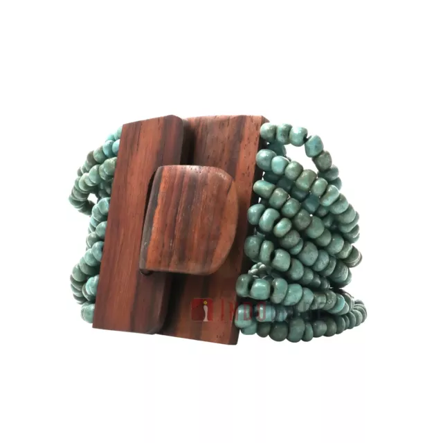 Turquoise BALI Bracelet with Hardwood Buckle Clasp 14-Strand Elastic Glass Bead