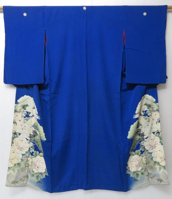 2322T05z600 Antique Japanese Kimono Silk IROTOMESODE Flying crane Oriental blue