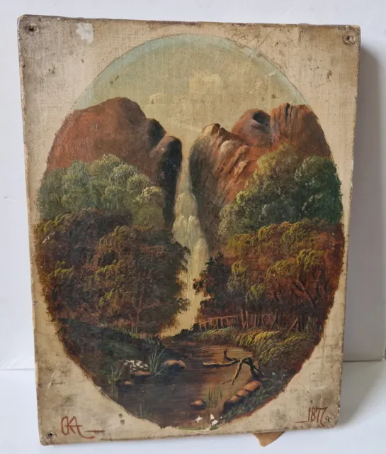 Antique 1877 Oil On Canvas Original Artwork Waterfall Landscape Monogramed 'CKT'