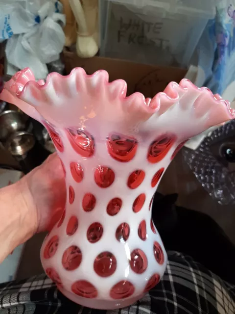 Vintage Fenton Cranberry Coin Dot Opalescent HUGE Vase 8" BEAUTIFUL! MINT GRAND!