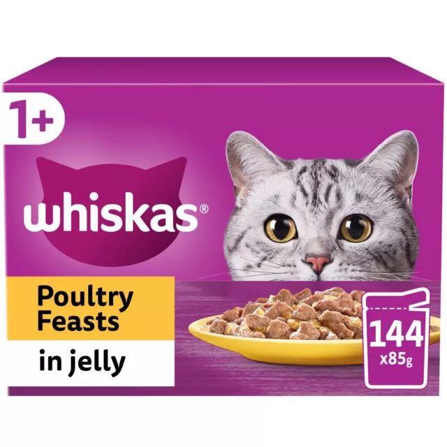 144 x 85g Whiskas 1+ Poultry Feasts Mixed Adult Wet Cat Food Pouches in Jelly
