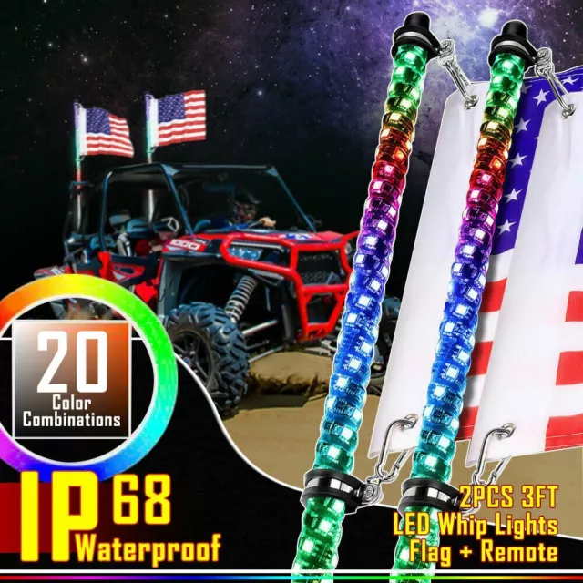 Pair 3ft RGB Spiral LED Whip Lights Antenna Chase + Flag&Remote for ATV UTV