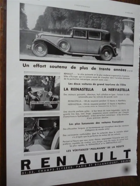 RENAULT NERVASTELLA et REINASTELLA auto 111 publicité papier ILLUSTRATION 1931