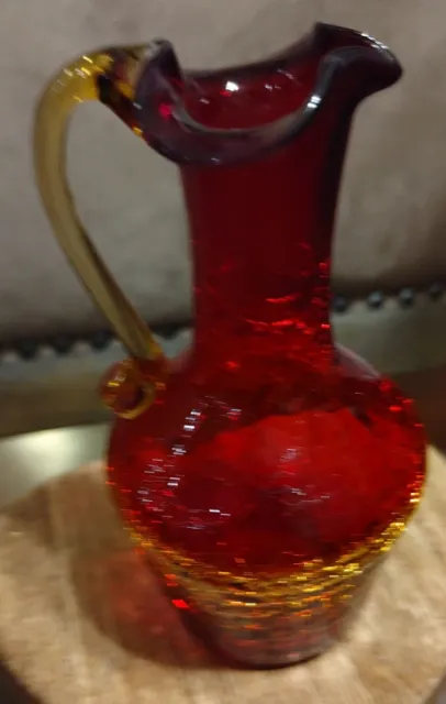 Vintage Pilgrim Ruby Red Crackle Glass Vase With Applied Handle Cruet $20