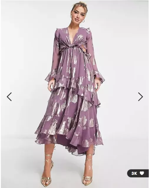 ASOS DESIGN ruffle floral jacquard midi dress with tiered skirt in mauve