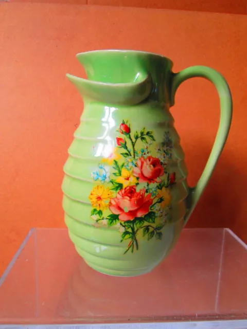 Vintage Ceramic/Pottery Pitcher with Drip Catcher Green with Floral-UNIQUE PIECE