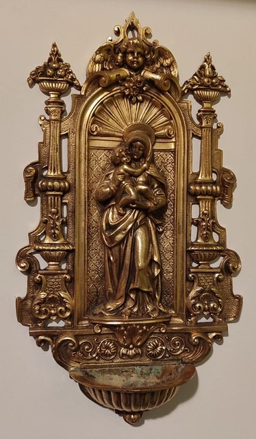 Stupenda Grande Acquasantiera In Bronzo Dorato Madonna Con Gesù Bambino