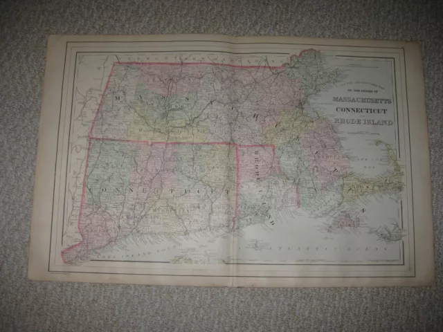 Large Antique 1887 Massachusetts Connecticut Rhode Island Mitchell Handclr Map N