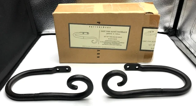 Two Pottery Barn Vintage Cast Iron Scroll Curtain Holdbacks - Black Finish
