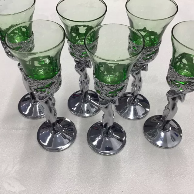 Collectable Art-Deco Chrome Nude Lady Stem Shot Glasses Green With Dragon Set 6