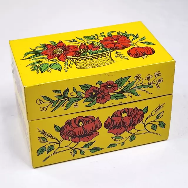 Vintage Syndicate Mfg. Co 3x5 Metal Recipe Box Yellow with Red Flowers