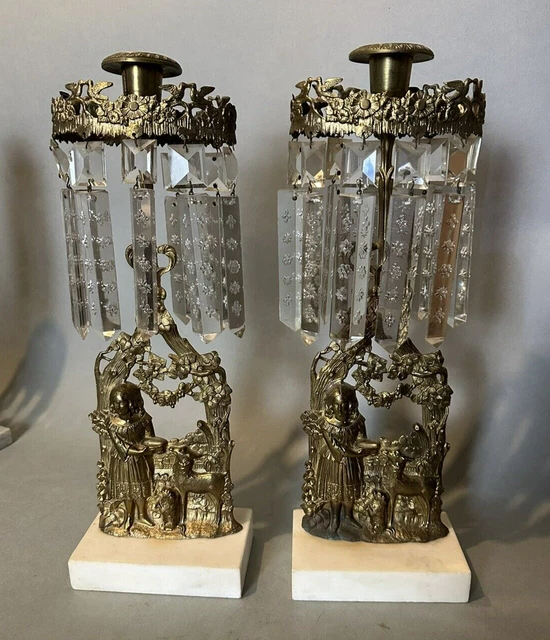 Pair of Antique Victorian Girandole Candelabra Candlesticks with Pretty Prisms