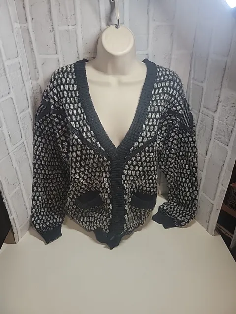Vintage Street Scenes Black Gray Cardigan Sweater Button Leather Patch Trim  XL