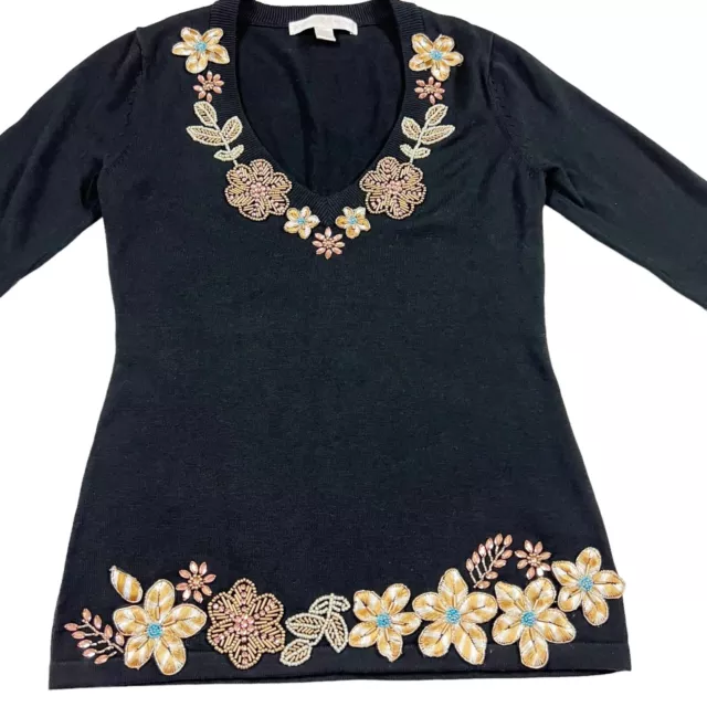 Boston Proper Black Beaded Embroidered Floral V Neck Sweater XS So Soft!