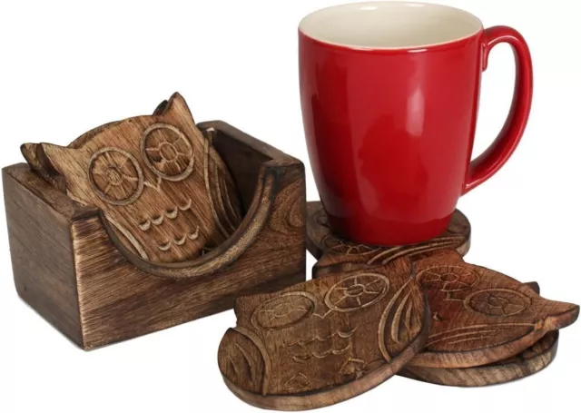 Set of 6 Tea Coasters Set Drink Coaster Owl Design for Coffee Beer Glass Gifts