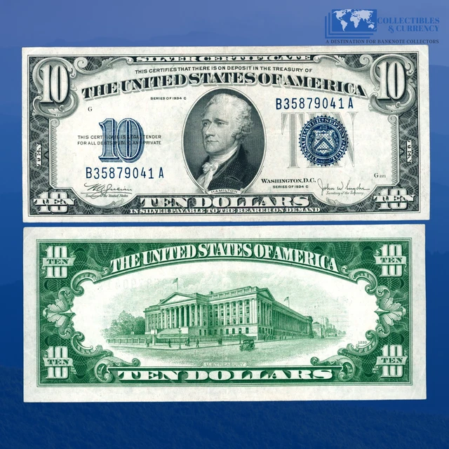 1934C $10 Ten Dollars Silver Certificate Blue Seal, VF+ Condition #79041