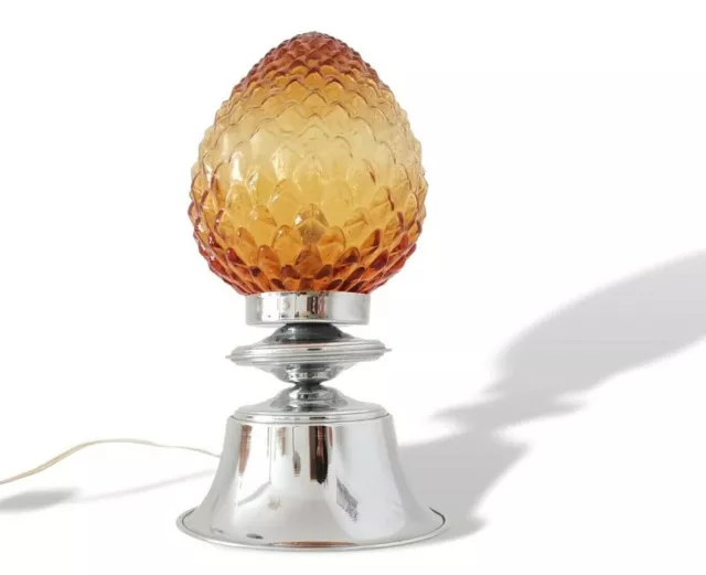 Space Age 1960s chromed metal amber glass pine cone table lamp night light