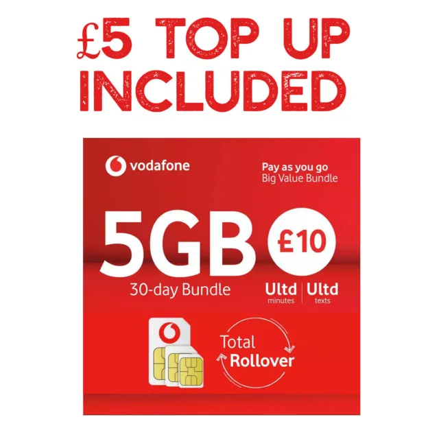 £5 Vodafone Trio Pay As You Go PAYG SIM Card Loaded With £5 / Five Pounds Topup
