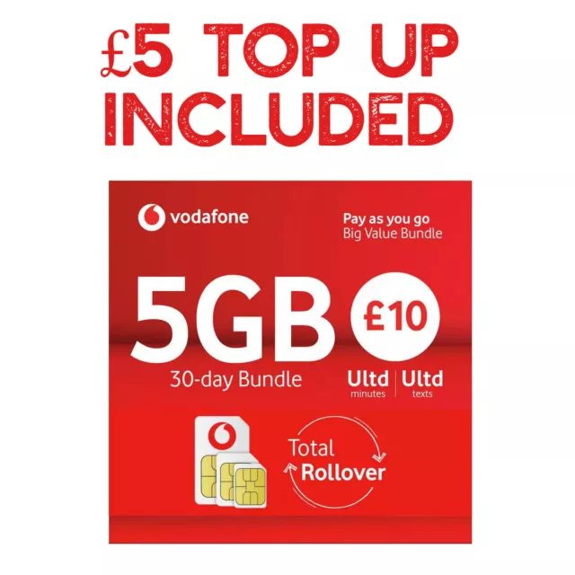 Carta SIM PAYG Vodafone Trio Pay As You Go £5 caricata con topup £5/cinque libbre