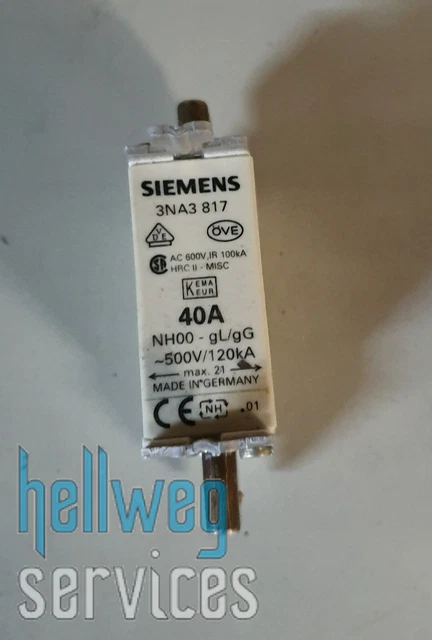 Insert de sécurité Siemens NH000 NH 40 A, GL-gG, 500 v 3na3817 120 kA