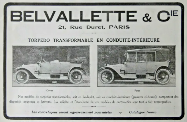 Publicité De Presse 1914 Belvallette Torpedo En Landaulet Conduite-Intérieure