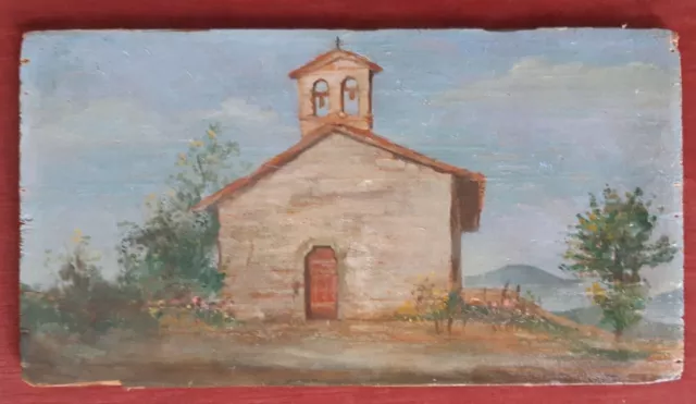 quadro dipinto olio su tavola paesaggio con chiesa di campagna Italia centrale
