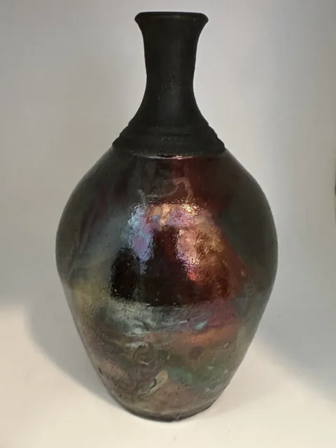 Raku Pottery Bottleneck Vase Iridescent Oil Slick Signed Handmade BEAUTIFUL!