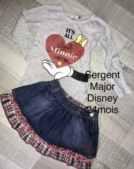 Sergent-major Disney 2 Ans Fille : Jupe Jean + T Shirt Minnie TBE