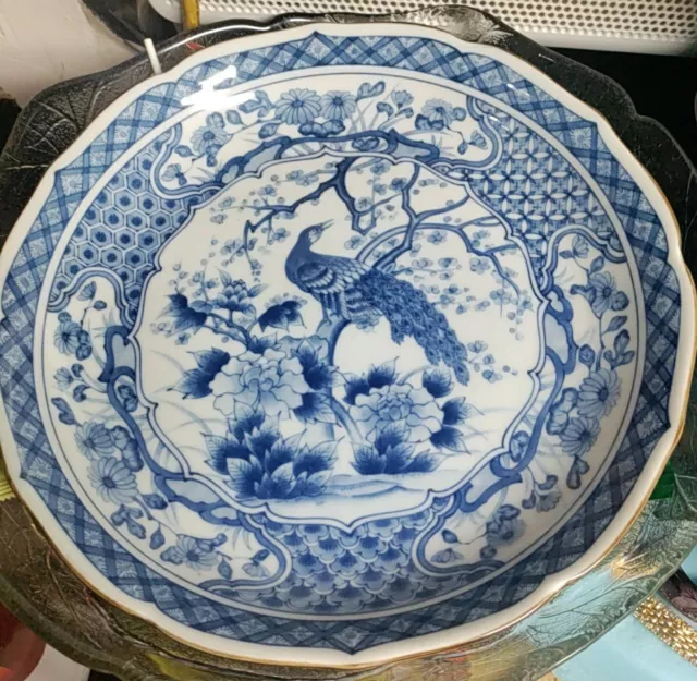 Japanese Andrea by Sadek  Signed Peacock   Plate  Dish  Blue White Plate Floral