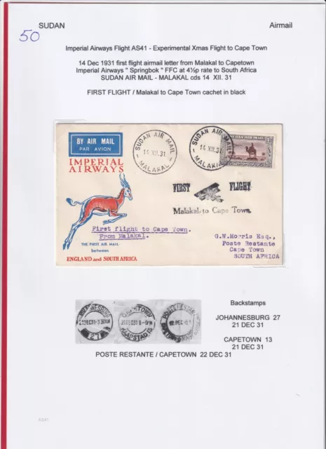 Sudan Airmail Imperial airways 1931 First Flight Makalal to Cape-town lot 50