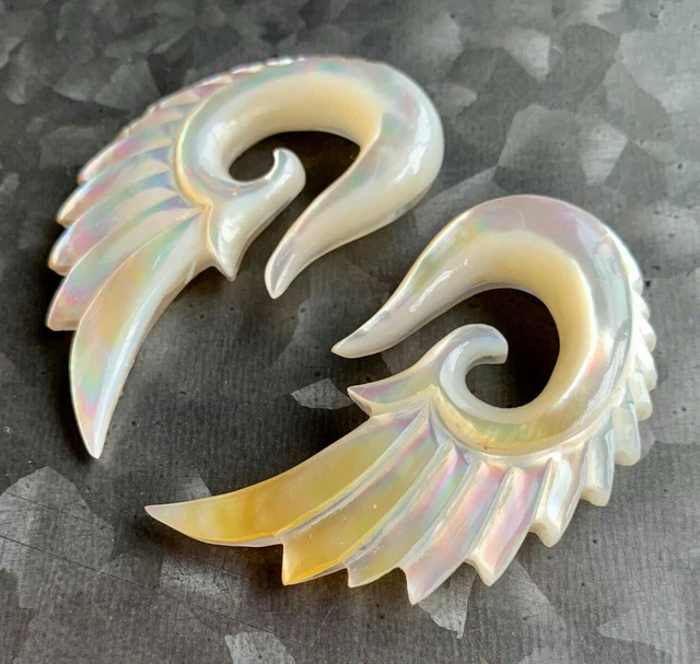 PAIR Mother of Pearl Angel Wing Tapers Plugs Expanders Angelic Organic Gauges