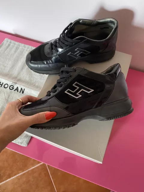 Hogan Scarpe Donna 37 Nero Pelle Vernice Interactive Eleganti Zeppa 38 Uomo