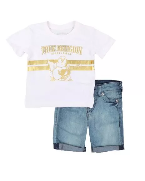 TRUE RELIGION ​Boy’s 2 Pc Metallic Print Graphic Tee & Denim Shorts Set NWT