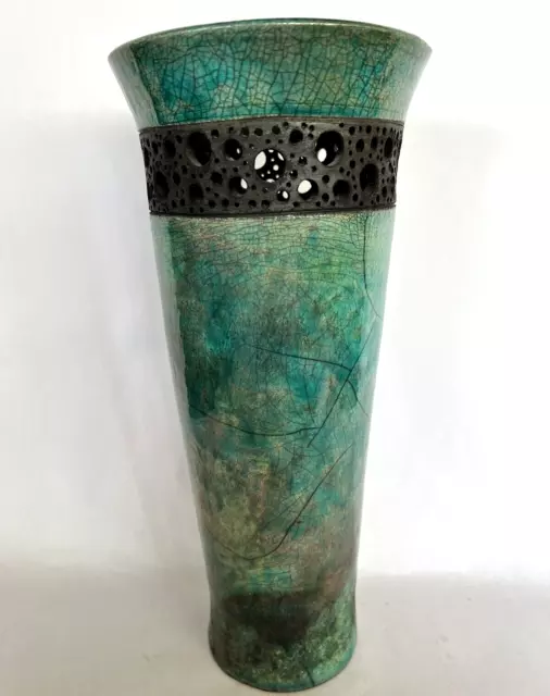 Raku Art Pottery Vase Ceramic Green Blue 12" T Pierced Metal Signed Vintage