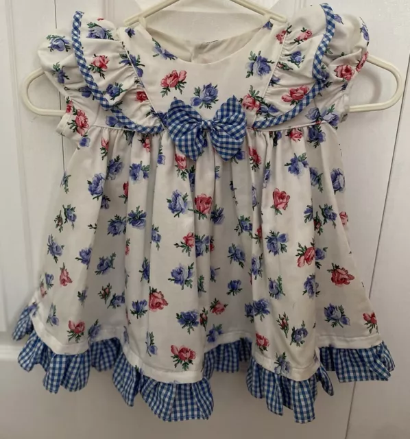 Vintage CI Castro & Co. Baby Girls Blue Floral & Check Puff Sleeve Dress 24M