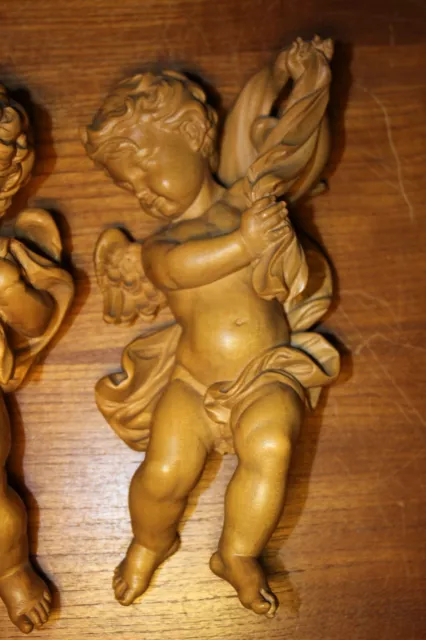 Anri Pair 11" Wood Hand Carved Carving Angel Putto Cherbu Italy Statue Figure 3