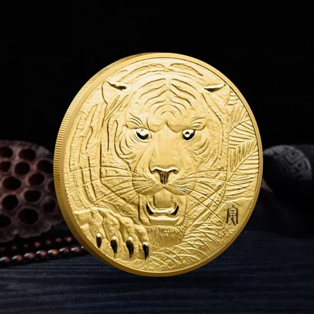 Gold Plated Coin Chinese Dragon Tiger Feng Shui Mascot Gifts Challenge Coins