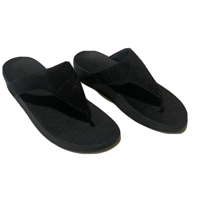 FitFlop Lulu Black Superglitz Shimmer Flip Flop Toning Sandal Thong Women 10