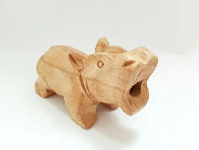 Wood Hand Carved Hippopotamus Figurine Blow Sound Child Kid Toy Decor Small 5"