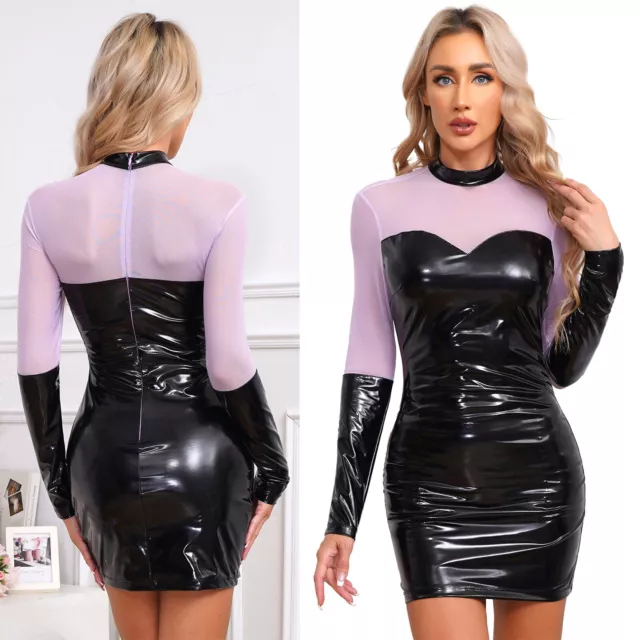 Women's Dress Patchwork Costume Patent Leather Dresses Halloween Clubwear Mesh