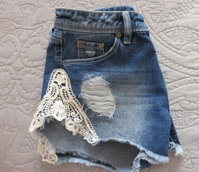 Joe Boxer Jean Shorts Lace Distressed Blue Denim Cut-offs Hippie Festival Boho 1