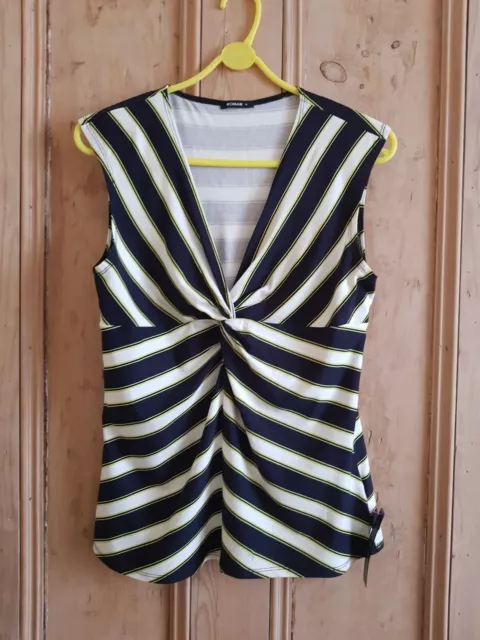 Roman Size 16 Fitted Front Knot Sleeveless Stripe Black White & Lime Summer Top