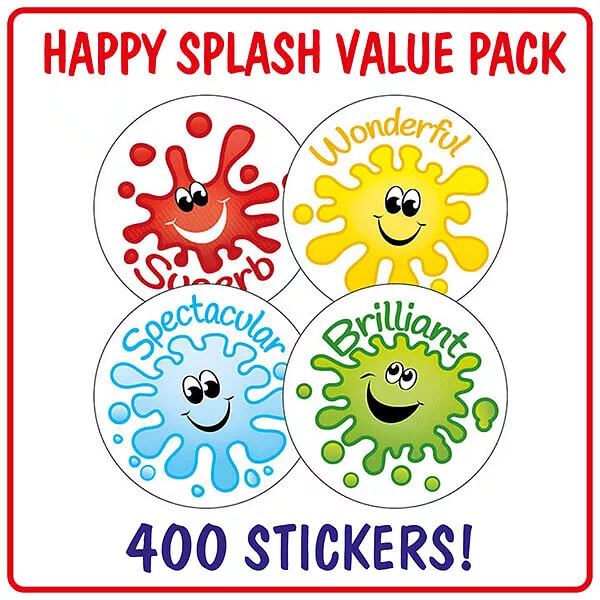 400 Happy Smiley Face Splash School Reward Children Motivational Stickers 32mm