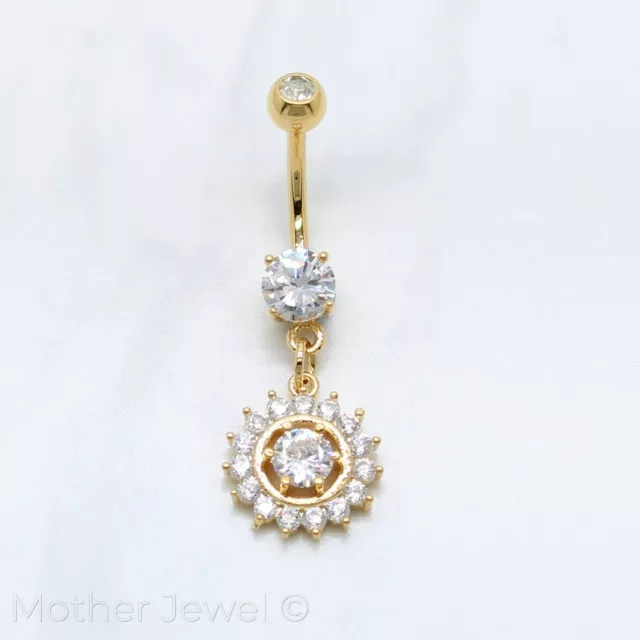 14K Yellow Gold Triple Plated Simulated Diamond Dangle Belly Button Navel Ring