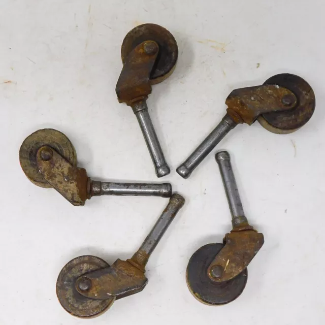 Antique 5 Wood Casters Wheels Matched Set of FIVE 1-1/8" Diam w/ 1.75" Shank