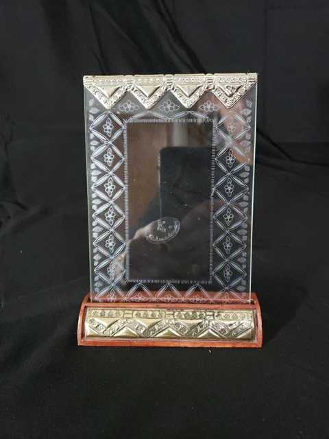 Floral Sterling Silver 925 Picture Photo Frame Wood Base Etched Glass