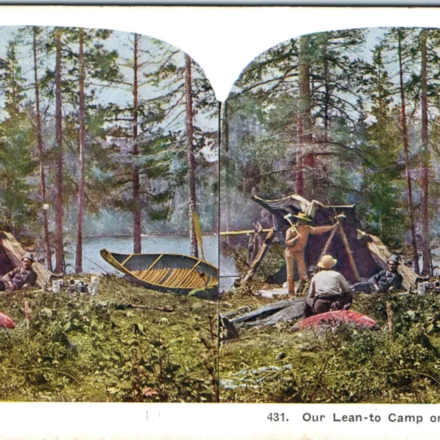 c1900s Minnesota Camp Vermillion River Hunters Boat Color Tent Stereo Card V18