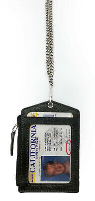 Black Genuine Leather ID Badge Holder Lanyard Card Holder Wallet Neck Strap 3